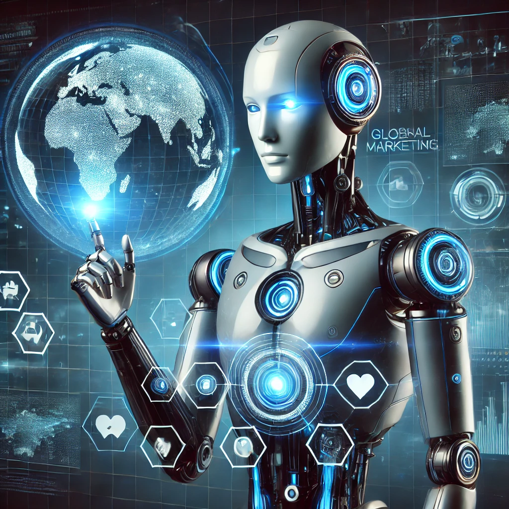 DALL·E 2024-12-31 12.36.54 - A futuristic humanoid AI marketing agent with a sleek and modern design, glowing blue accents, and an advanced digital display integrated into its arm