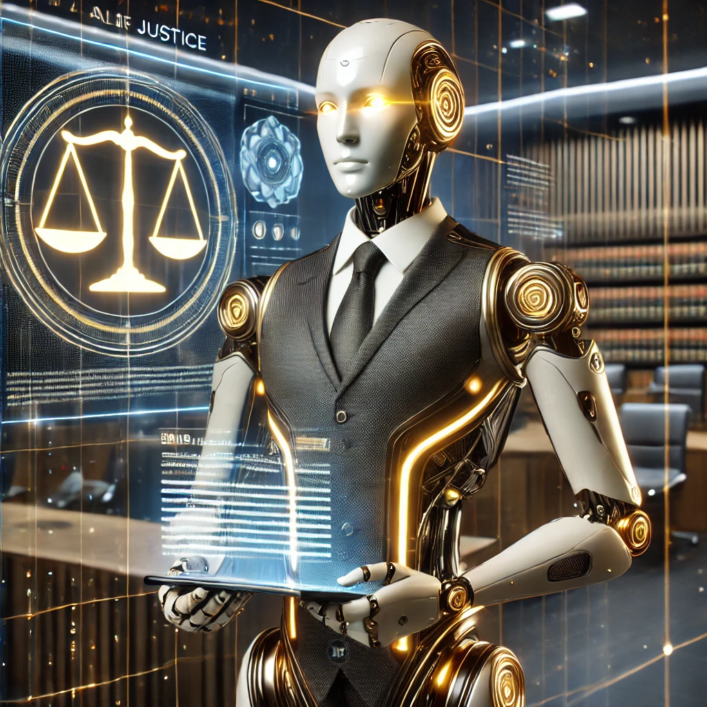 DALL·E 2024-12-31 12.37.56 - A futuristic humanoid AI lawyer with a sleek metallic design and glowing gold accents, standing confidently in a high-tech courtroom. The agent is hol