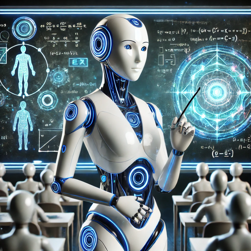 DALL·E 2024-12-31 12.38.51 - A futuristic humanoid AI teacher with a sleek, modern design and glowing white and blue accents, standing in front of a holographic digital blackboard