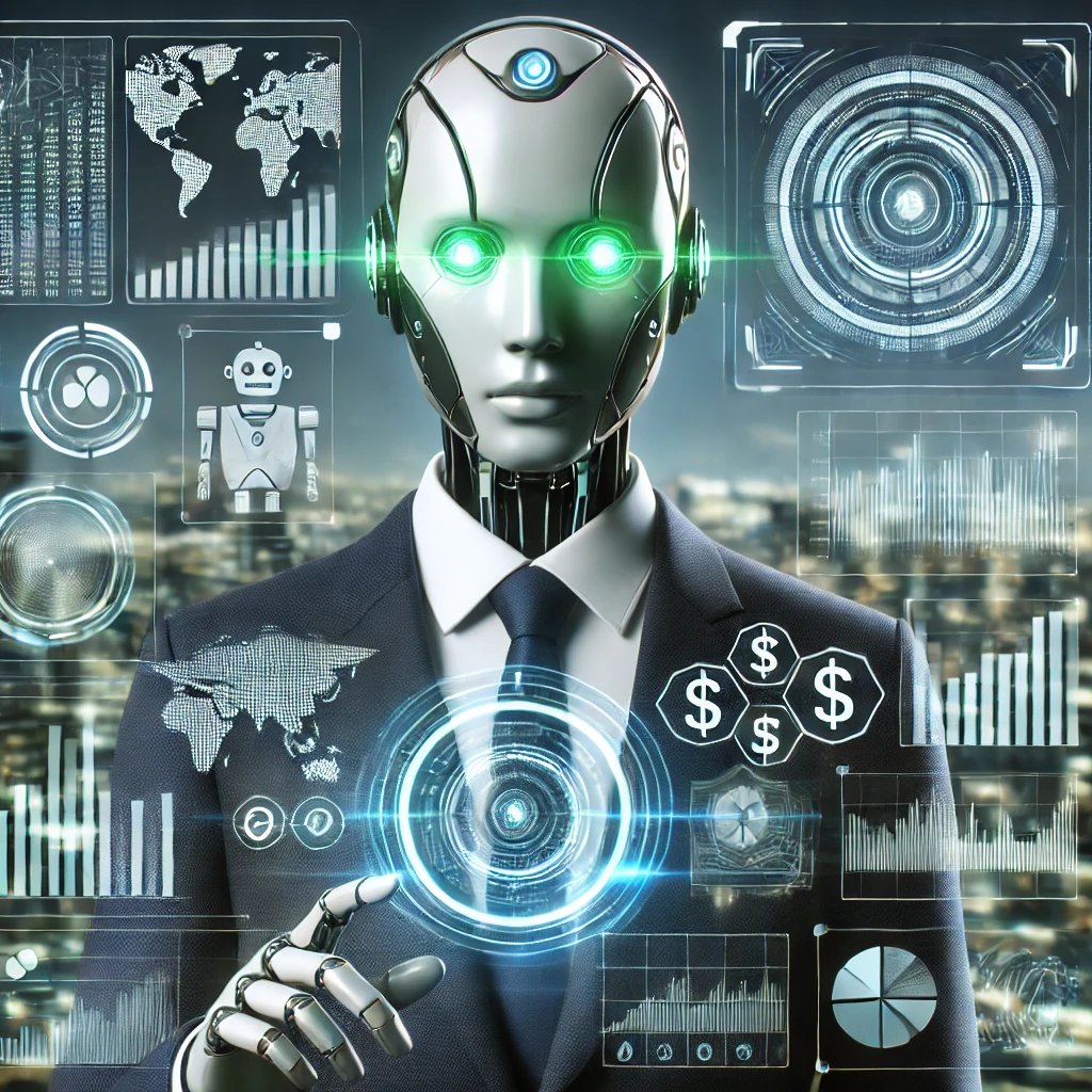 DALL·E 2024-12-31 12.39.56 - A futuristic humanoid AI financial advisor with a sleek and professional design, glowing green and silver accents, analyzing holographic financial cha