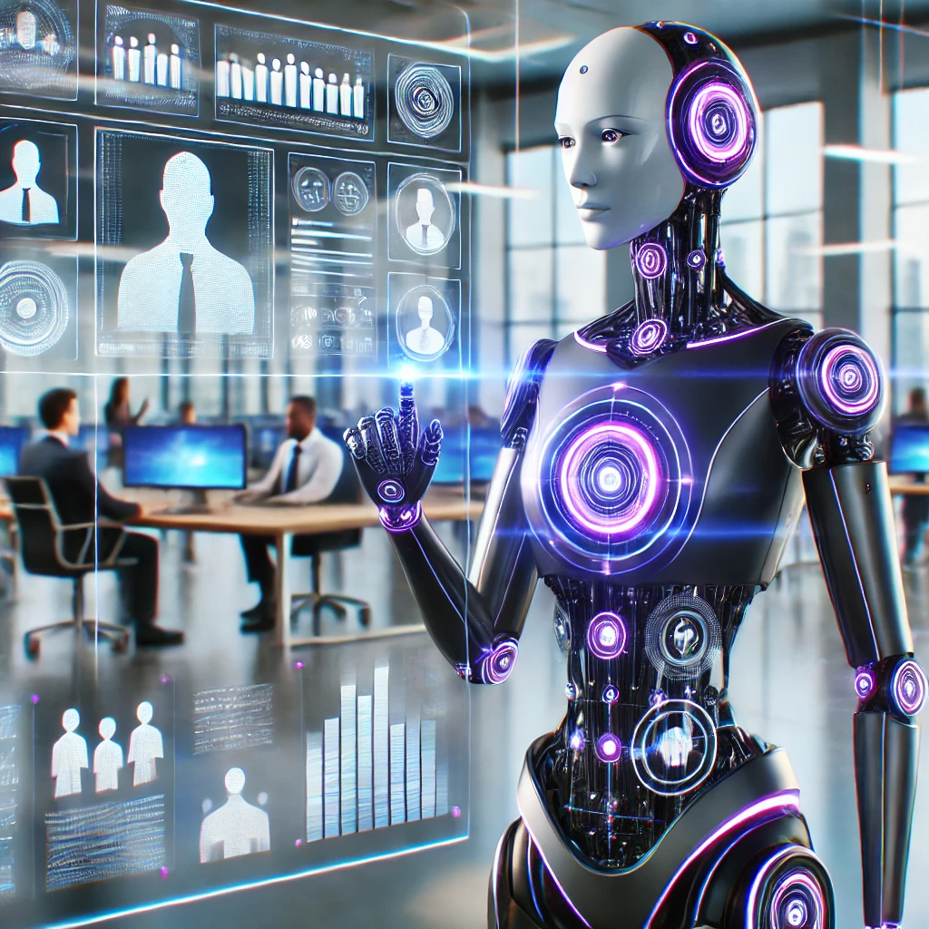 DALL·E 2024-12-31 12.41.17 - A futuristic humanoid AI HR agent with a sleek and approachable design, glowing purple and silver accents, standing in a high-tech office. The agent i